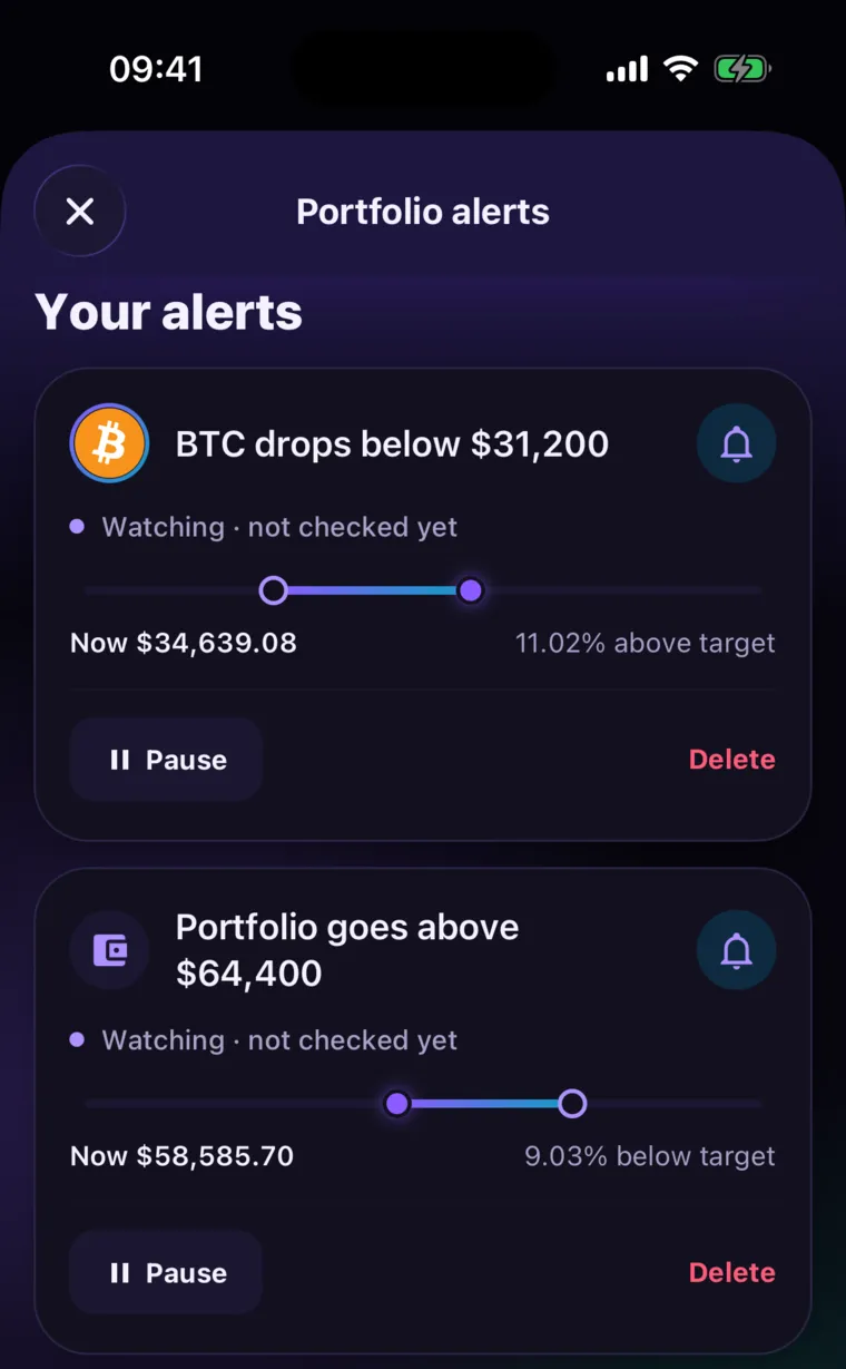 Your alerts: a holding alert and a portfolio alert, each with how far it is from its target